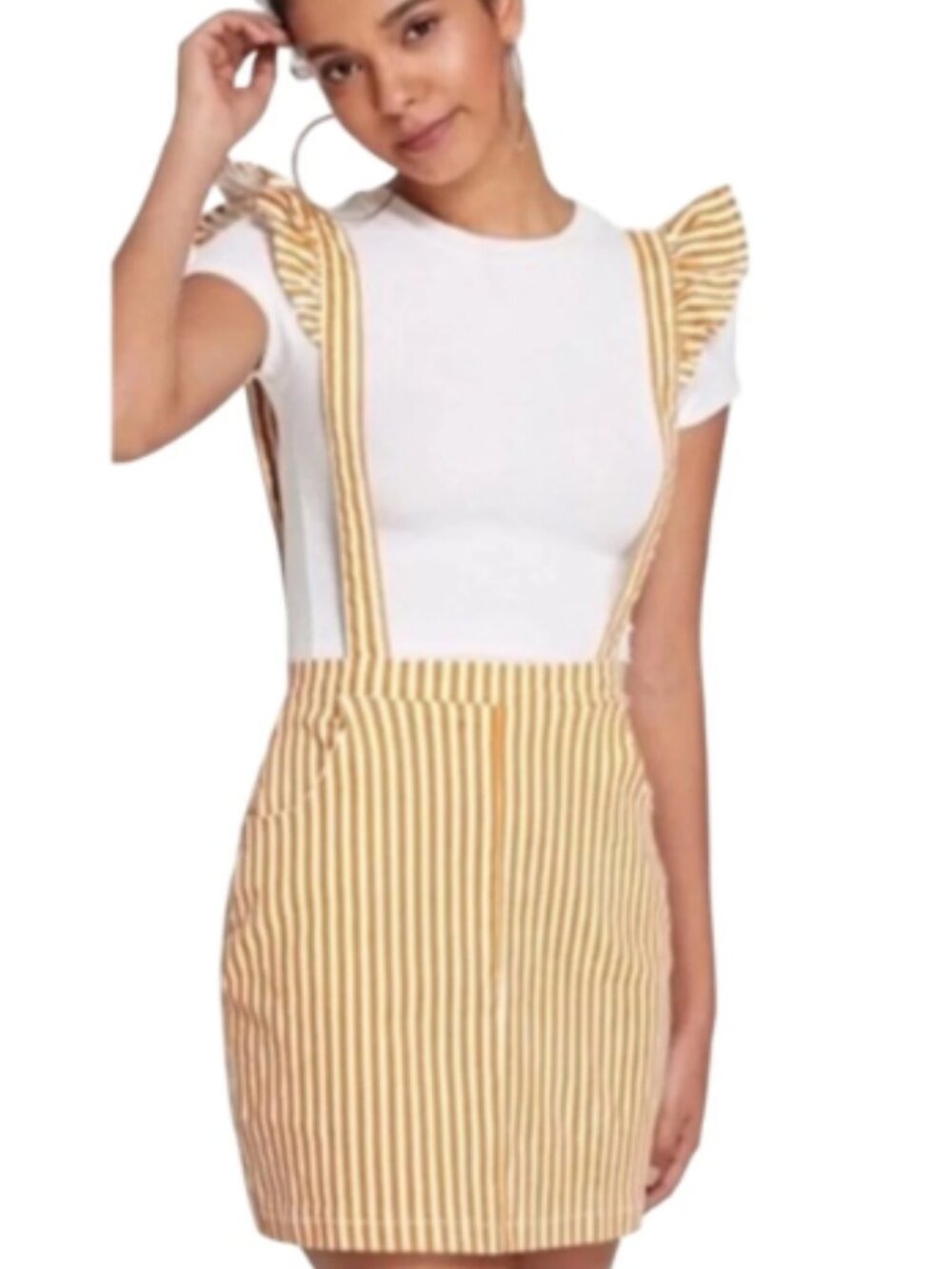 Urban Outfitters Striped Ruffle Suspender Skirt Pinafore Linen Blend Medium